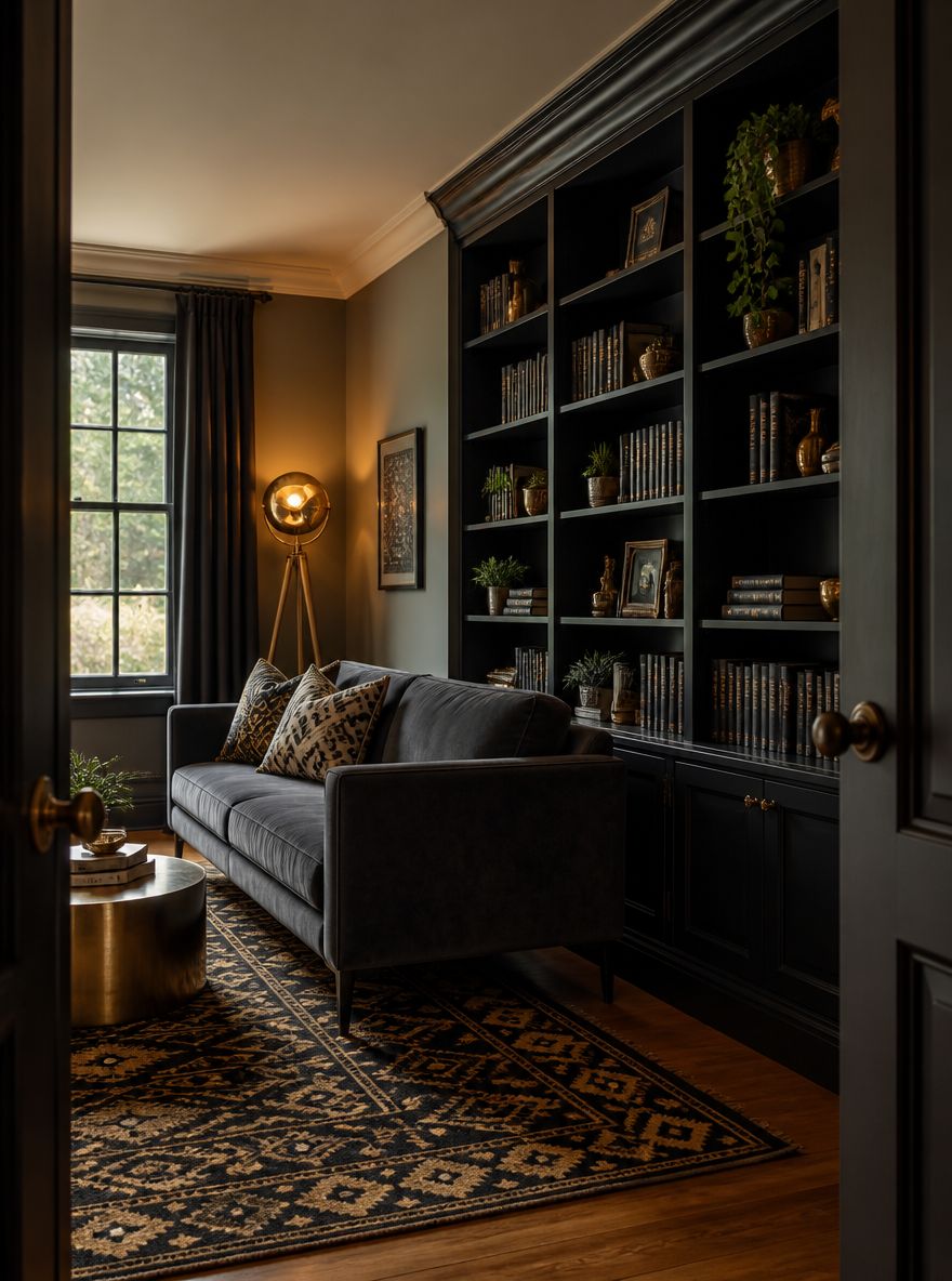 Floor-to-ceiling black bookcase styled with gold objects