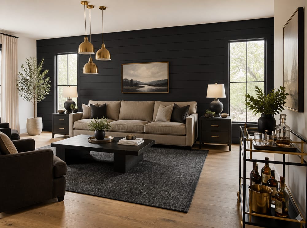 Black shiplap wall behind taupe sofa, staggered brass pendants
