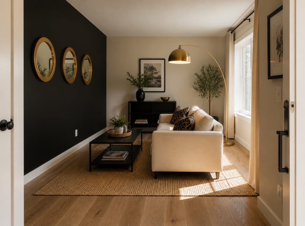 Three round gold mirrors on black accent wall