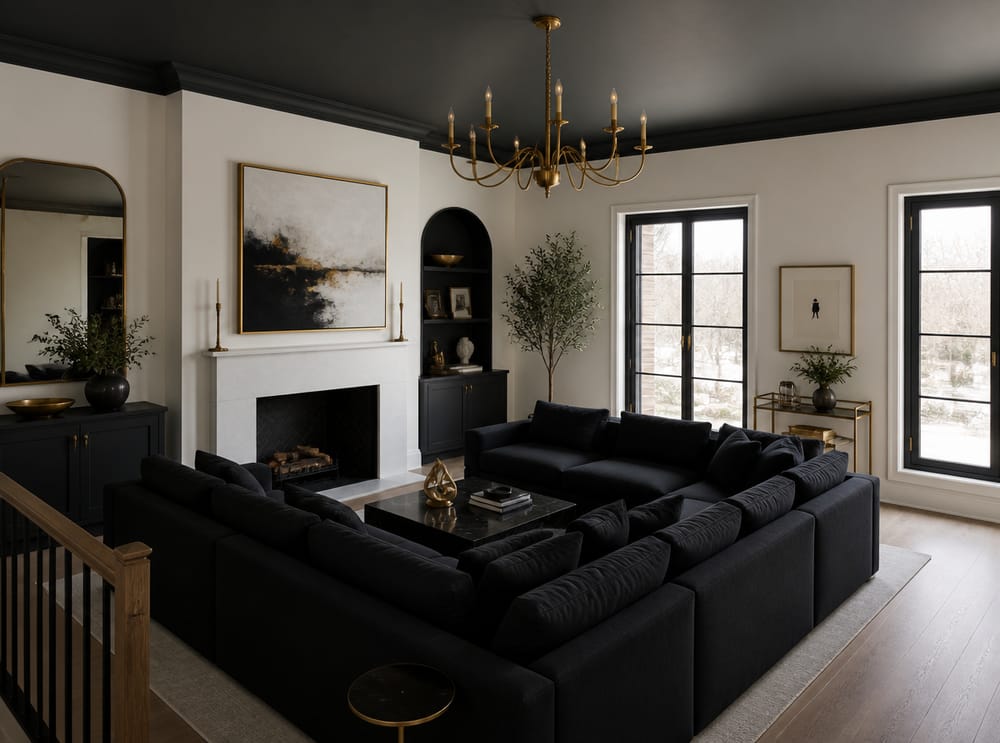 Antique brass chandelier beneath dark charcoal ceiling