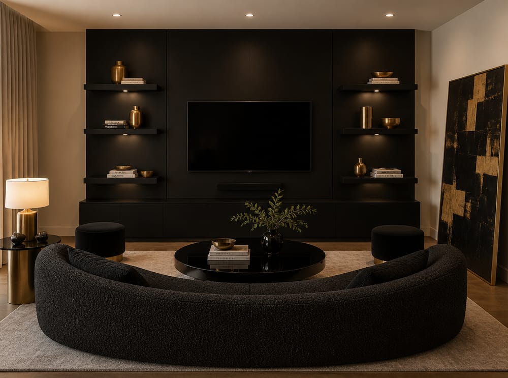 Curved charcoal sofa facing black wall-panel with floating shelves