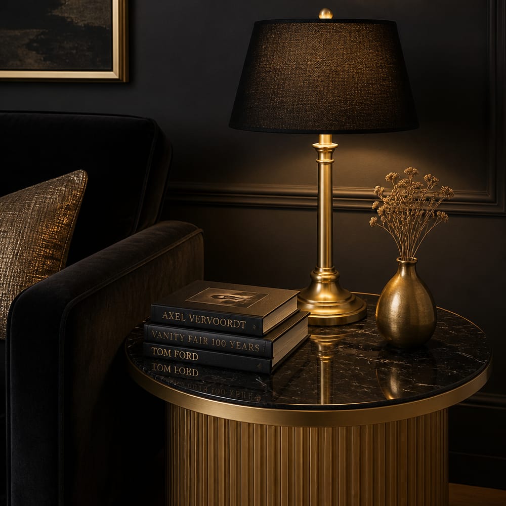 Fluted gold base table beside black velvet armchair