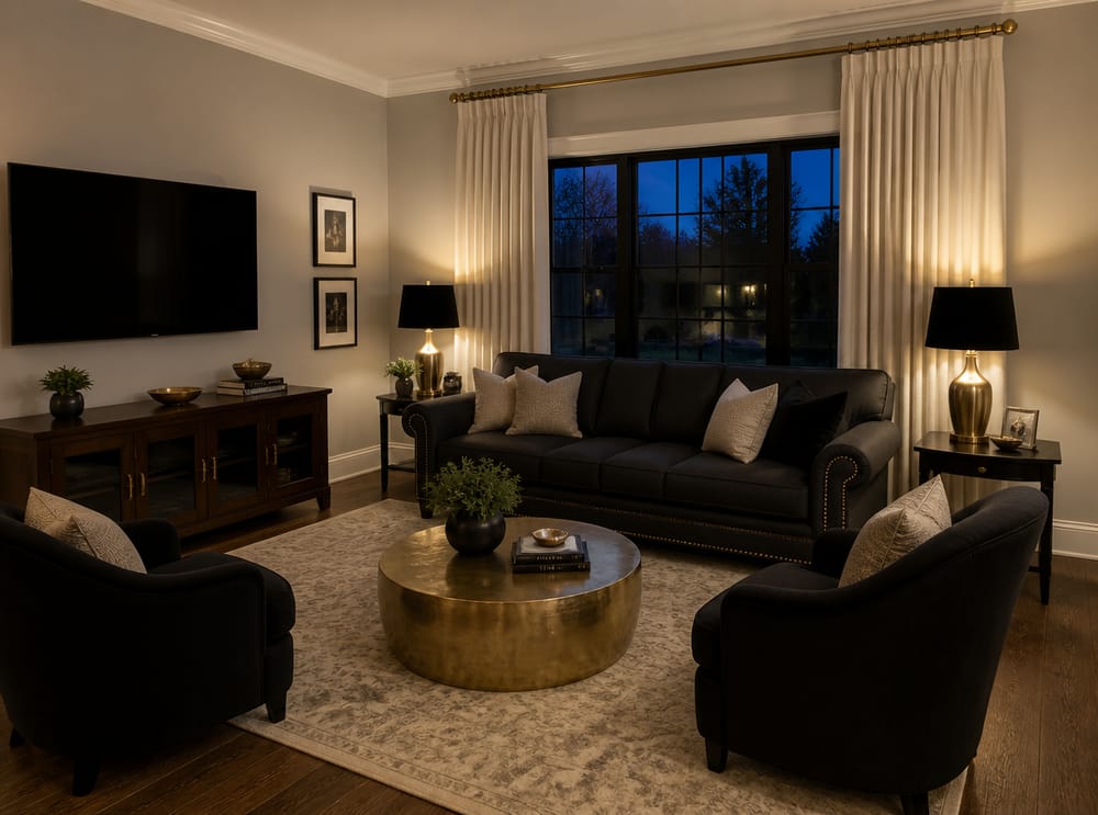 Brass nail-head trim sofa flanked by black linen chairs