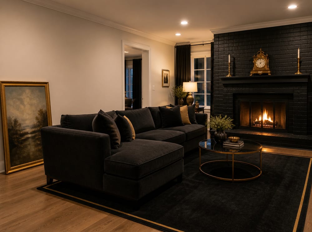 Black brick fireplace wall with brass mantle accessories