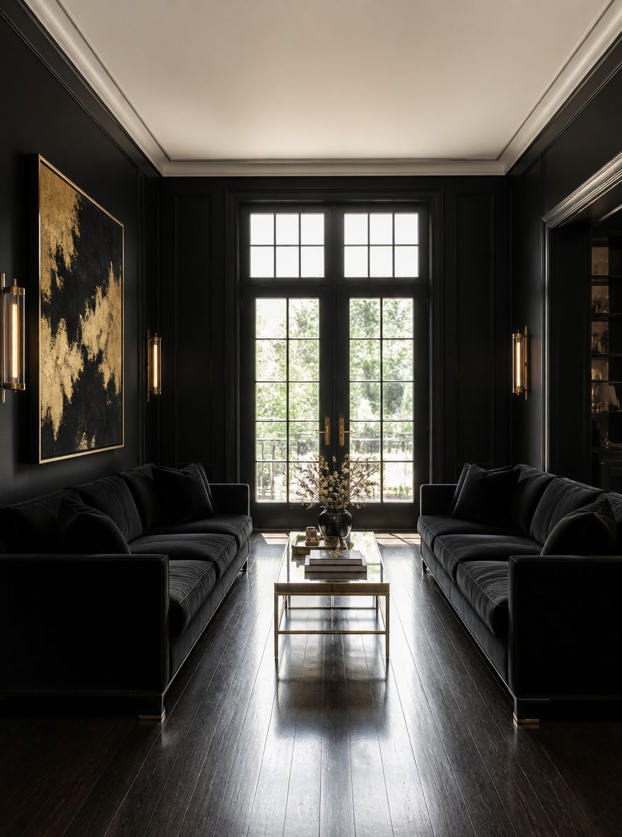 French doors flanked by black walls with brass sconces