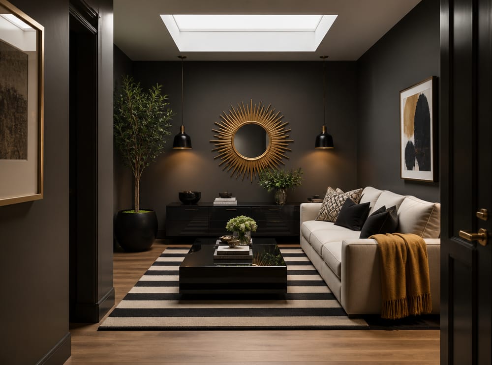 Brass sunburst mirror above black credenza in charcoal room