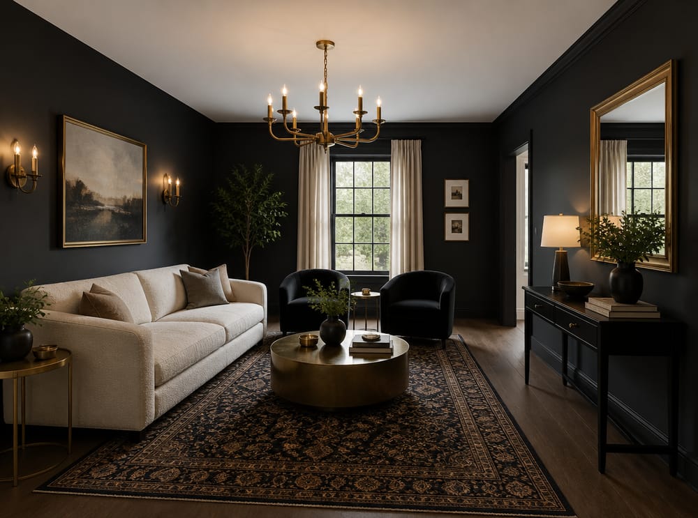 Ivory boucle sofa anchored against dark charcoal wall