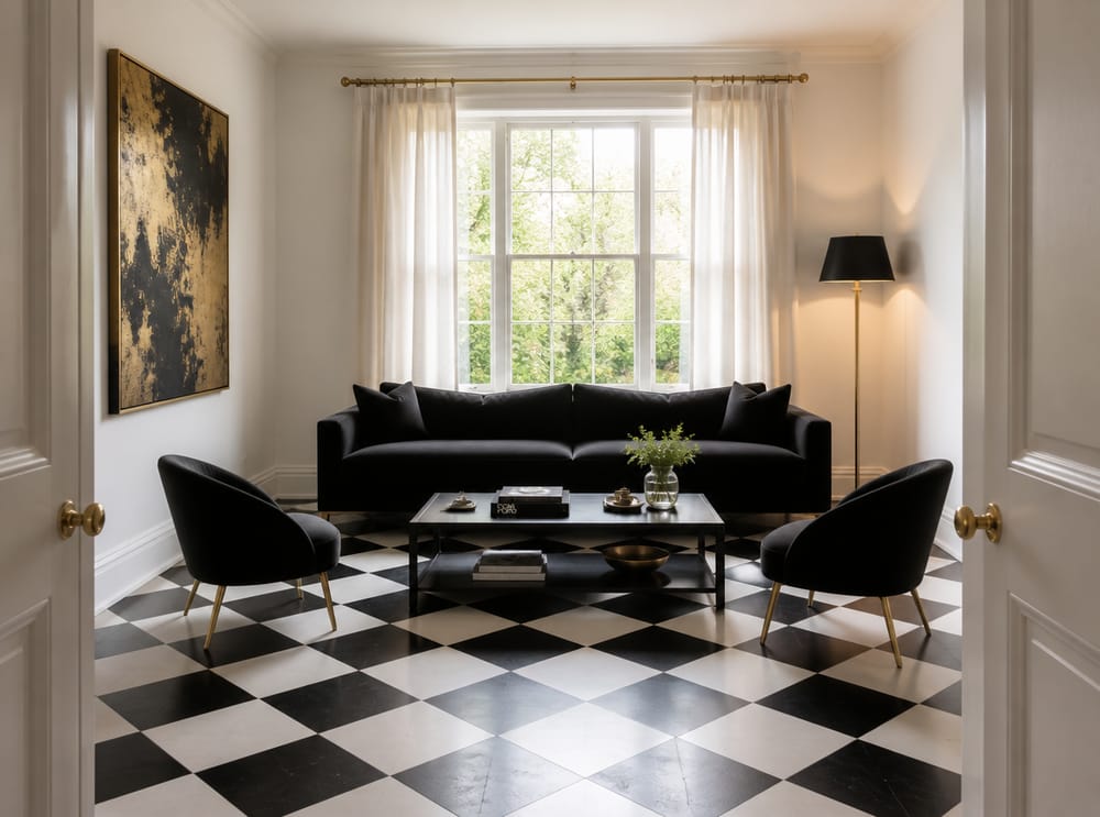 Black sofa backlit by large window, checkerboard tile floor