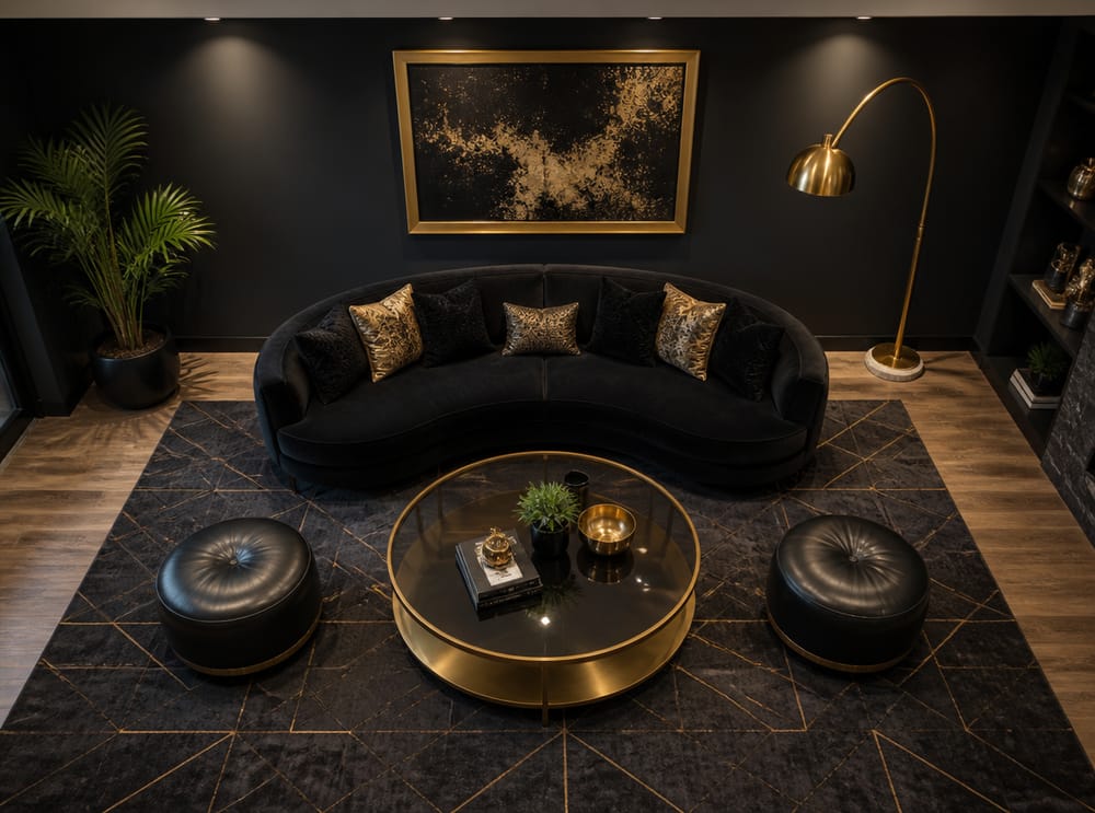 Circular seating arrangement on geometric charcoal rug