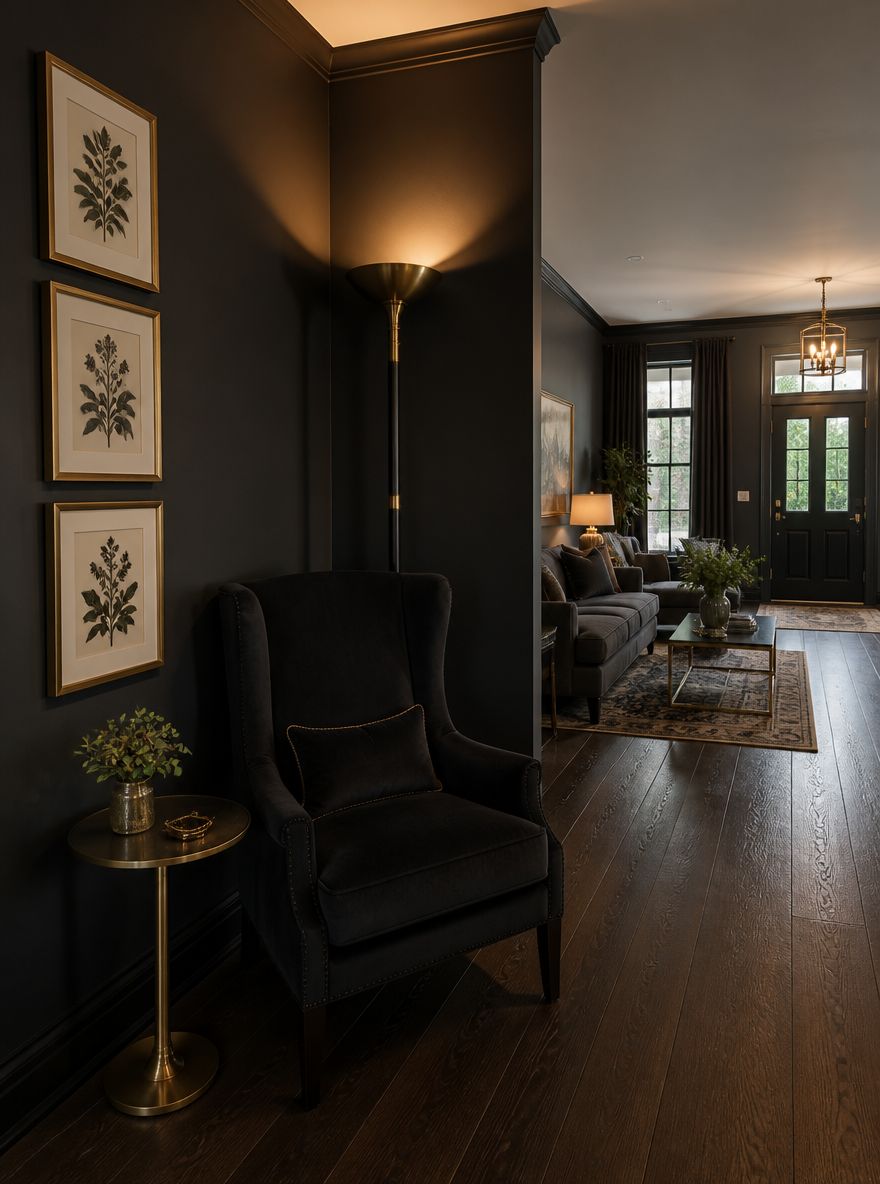 Stacked botanical prints above black wingback chair
