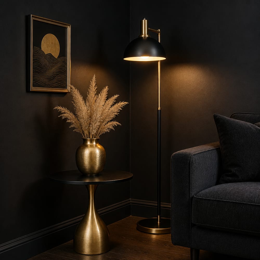 Brass floor lamp in black-painted corner with gold vase