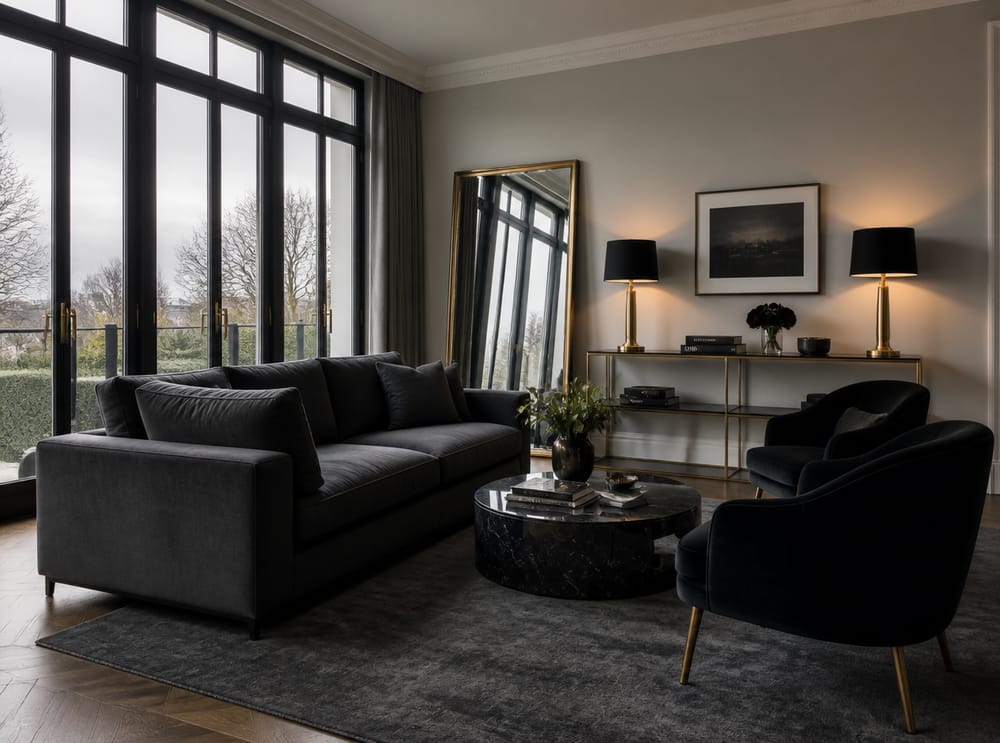 Black-framed window wall behind charcoal sofa, marble table