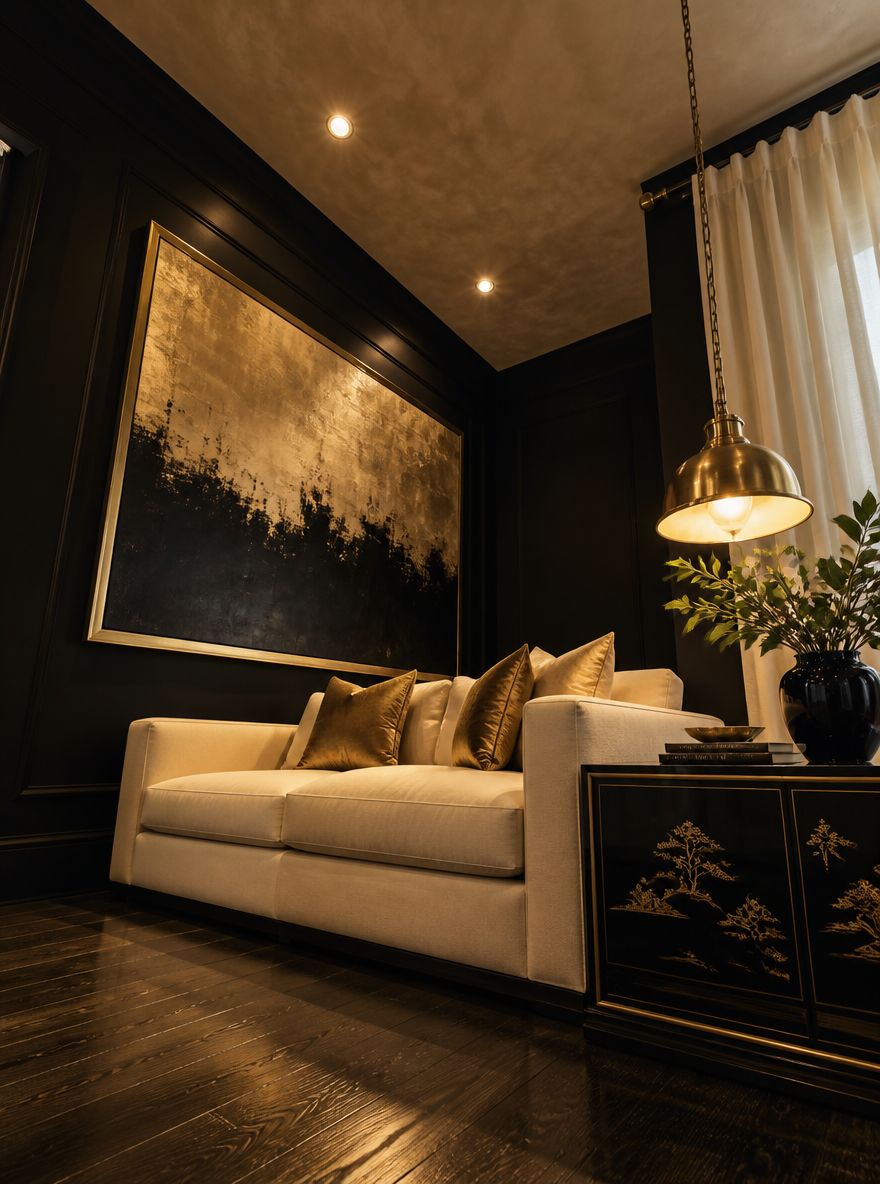 Gold-leaf framed painting on black wall, low pendant