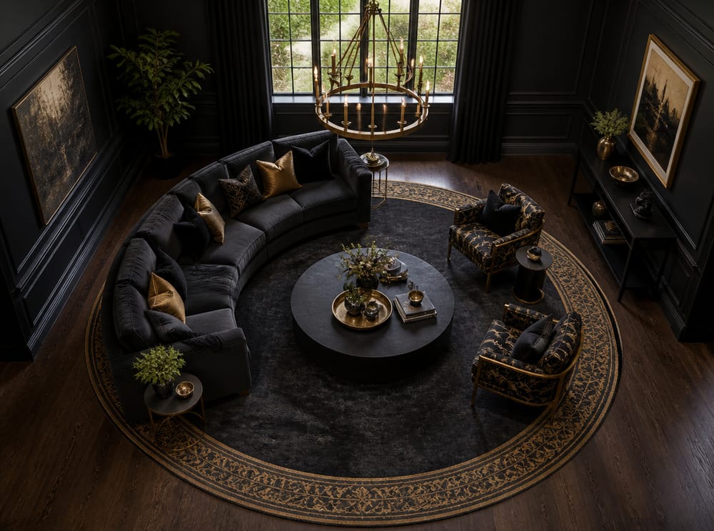Round dark rug with gold border under brass chandelier