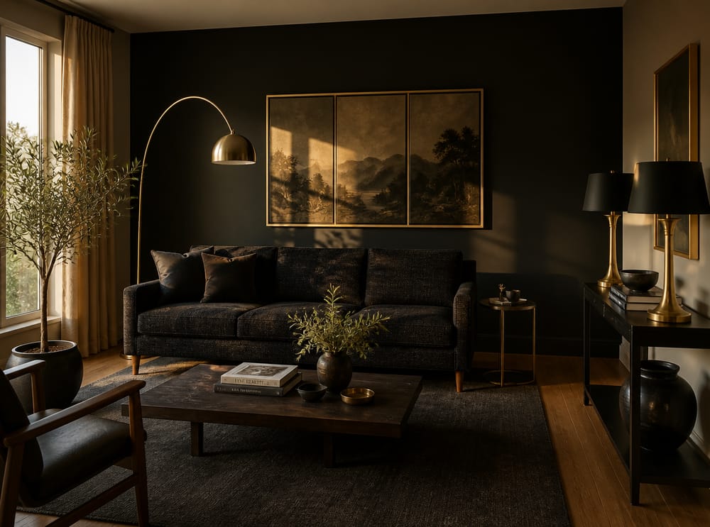Mid-century black tweed sofa under gold triptych artwork