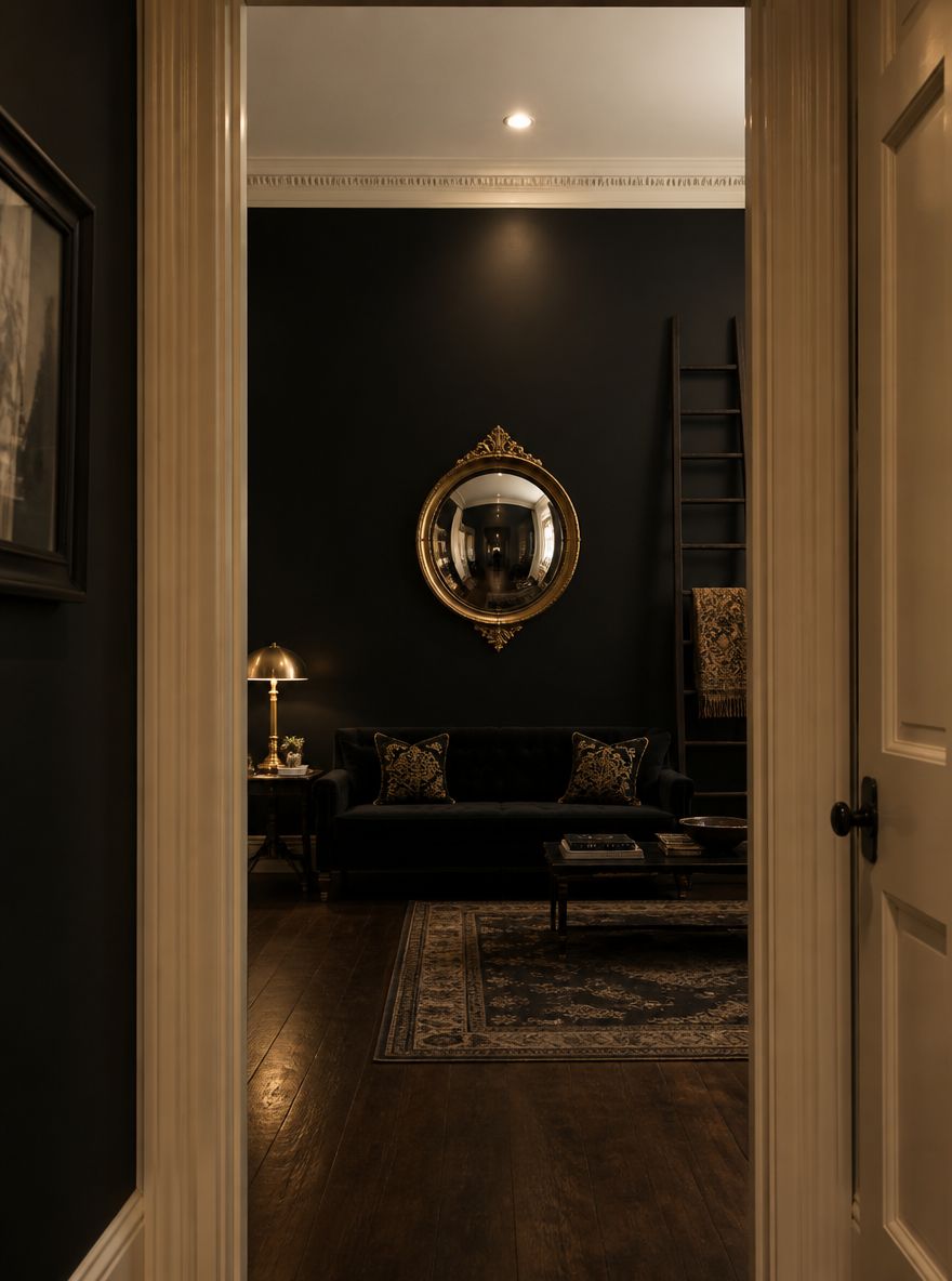 Convex gold mirror centered on tall black painted wall