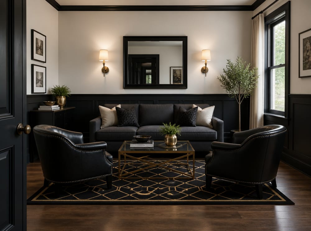 Black wainscoting with white plaster above, brass sconces