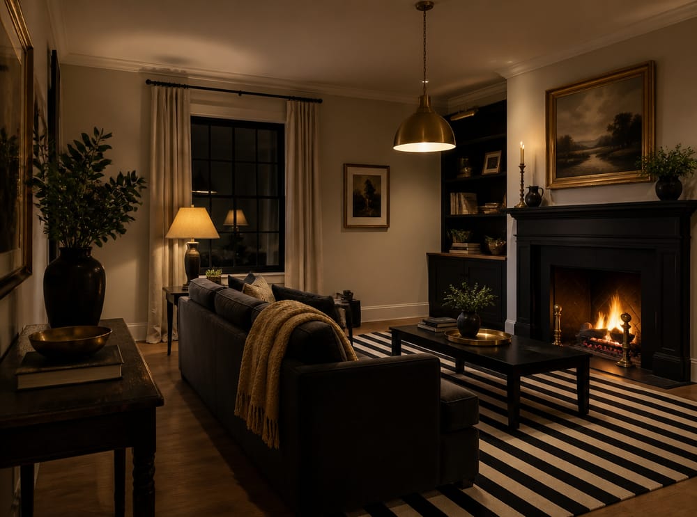 Gold throw over charcoal sofa facing black fireplace surround