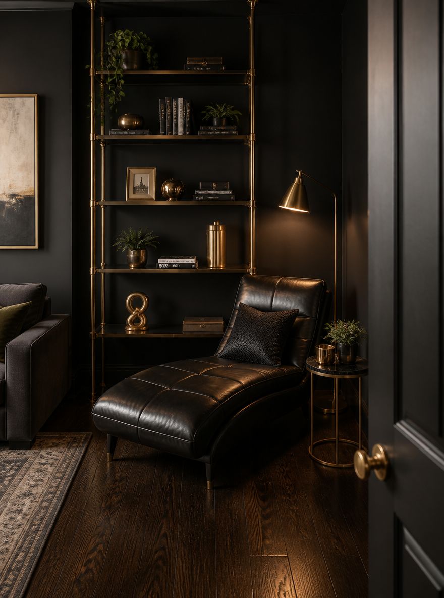 Brass-and-black shelving unit in painted corner with chaise