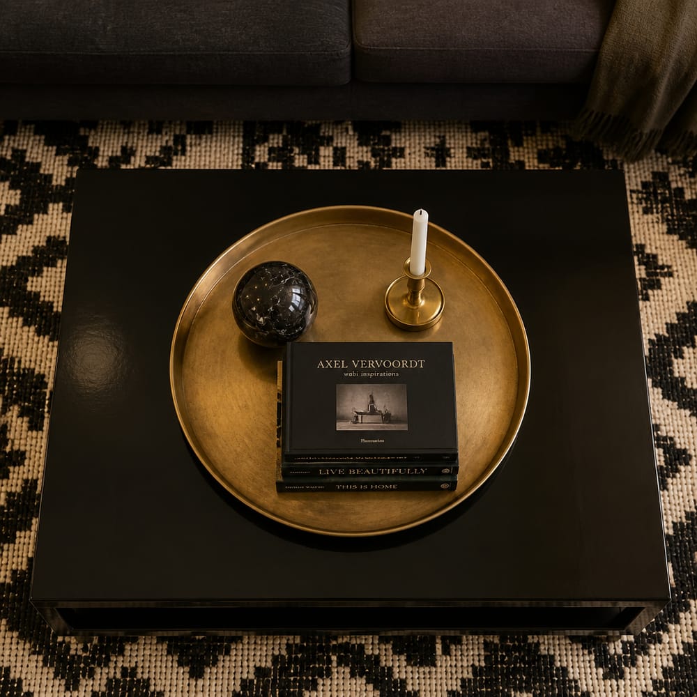 Brass tray with marble sphere on black coffee table