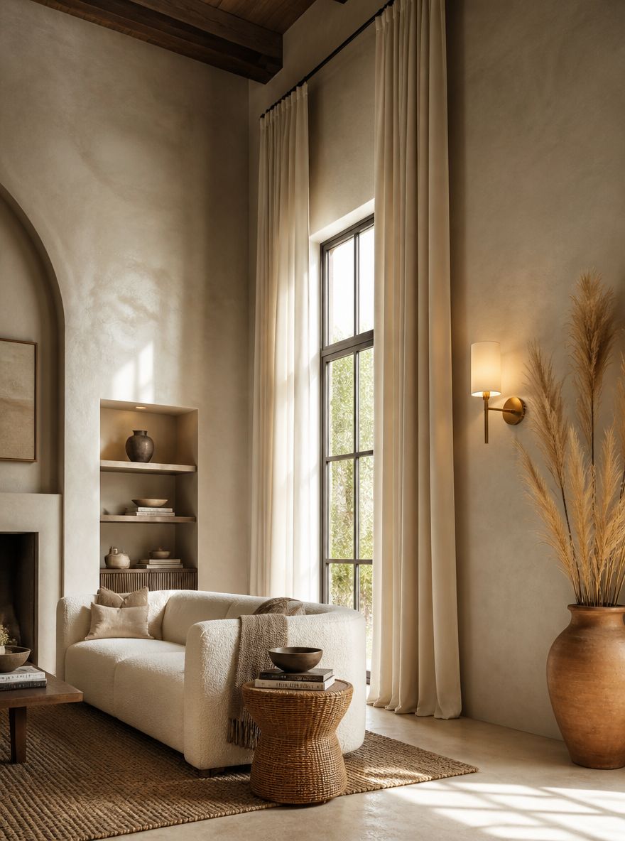 Tendaggi da pavimento a soffitto che incorniciano pareti alte in limewash