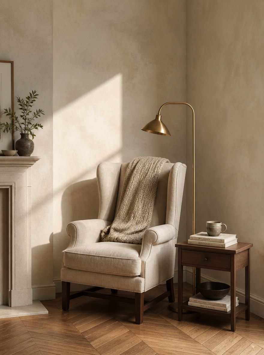 Poltrona wingback in lino in un angolo illuminato con calore