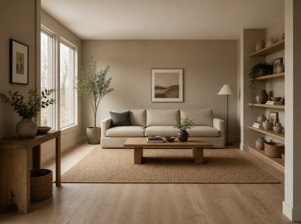 Divano in lino sabbia davanti a scaffalature aperte con ceramiche