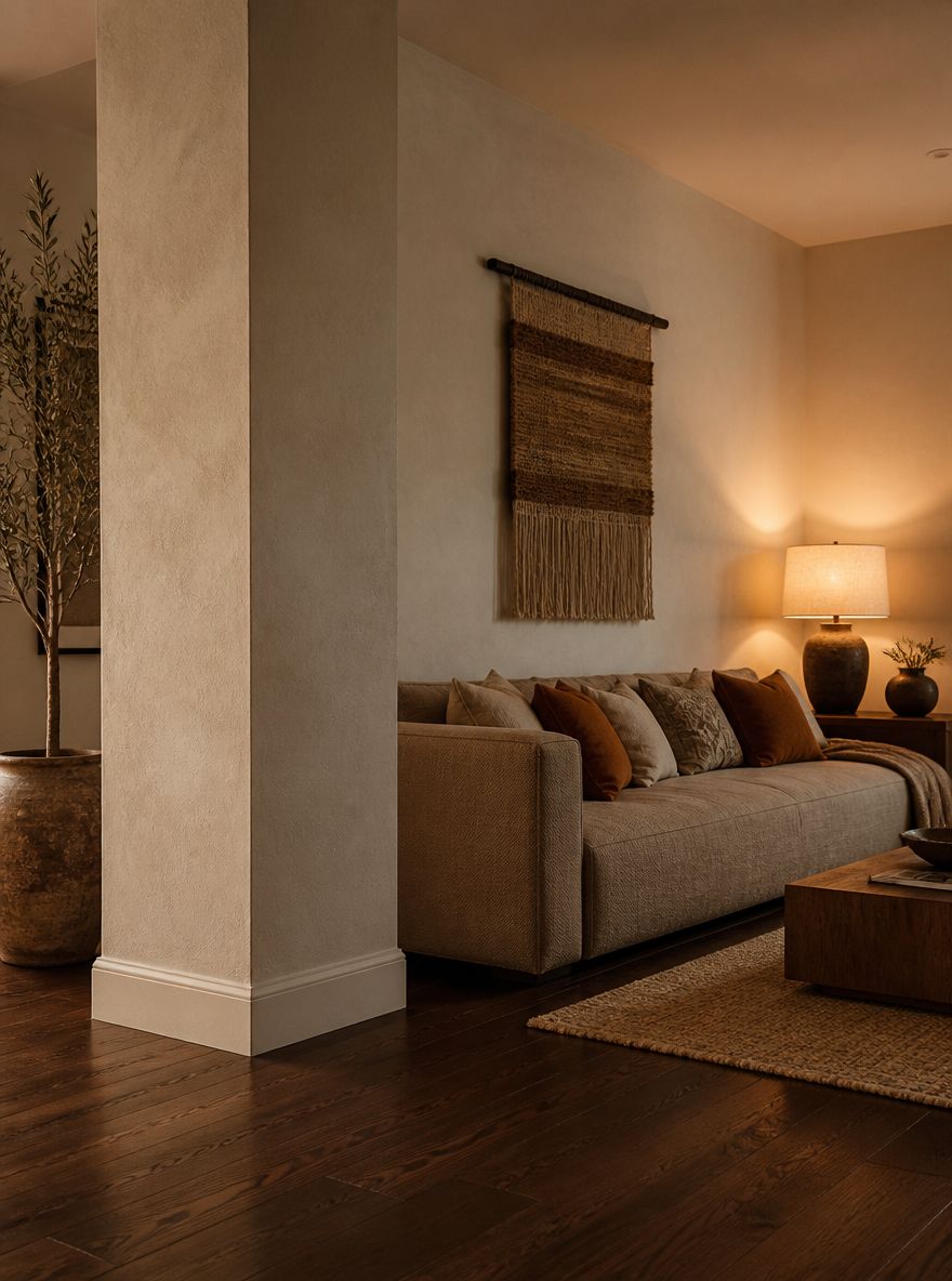 Pilastro in intonaco che definisce una zona relax taupe calda