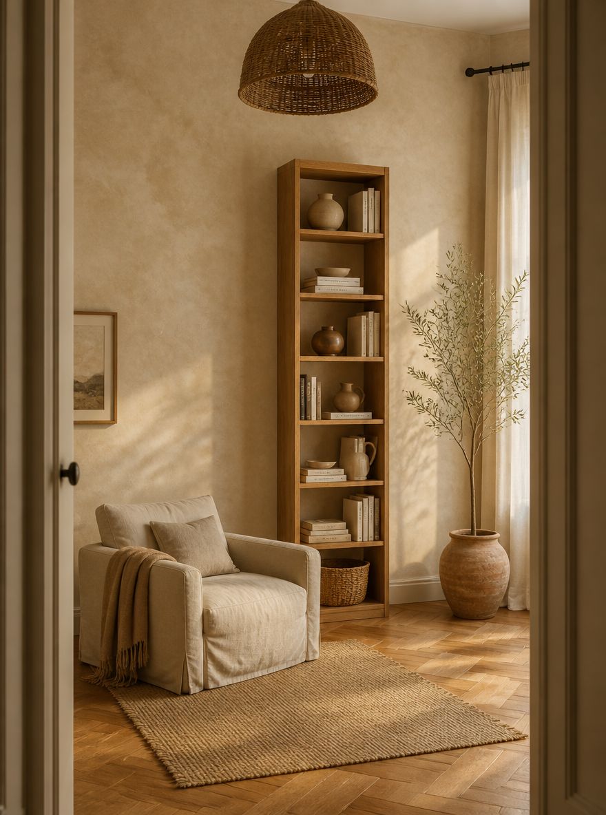 Parete alta in stucco veneziano con libreria stretta in rovere