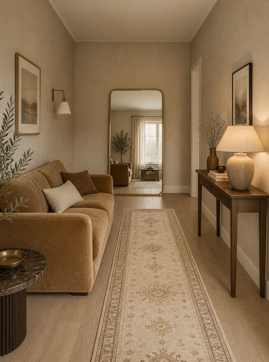 Divano in velluto cammello in una stanza beige stretta