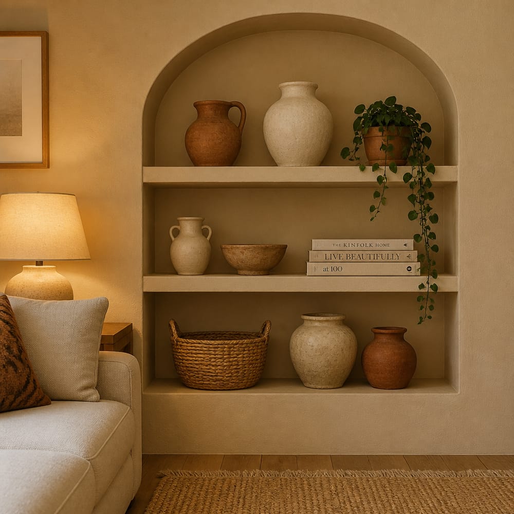 Mensola ad alcova integrata con ceramiche e pianta pendente