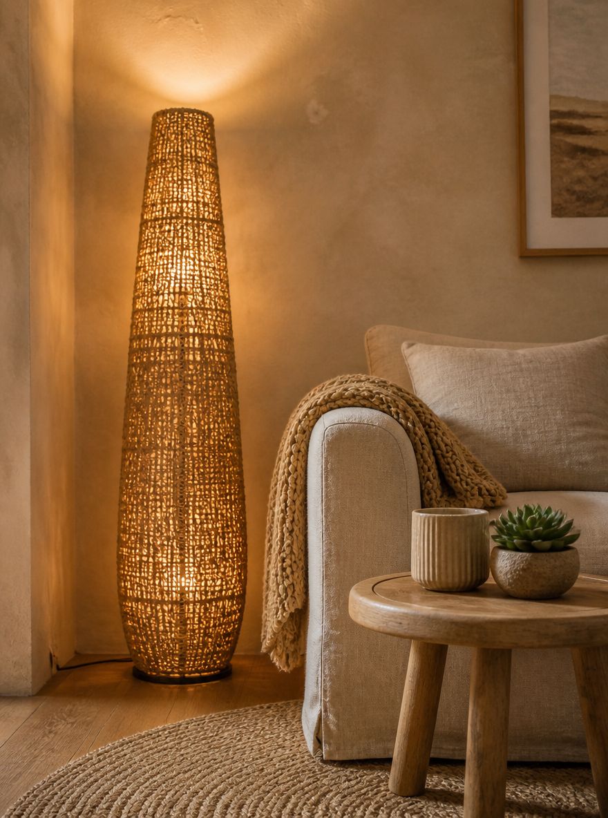 Lampada da terra intrecciata che diffonde luce calda su parete in limewash