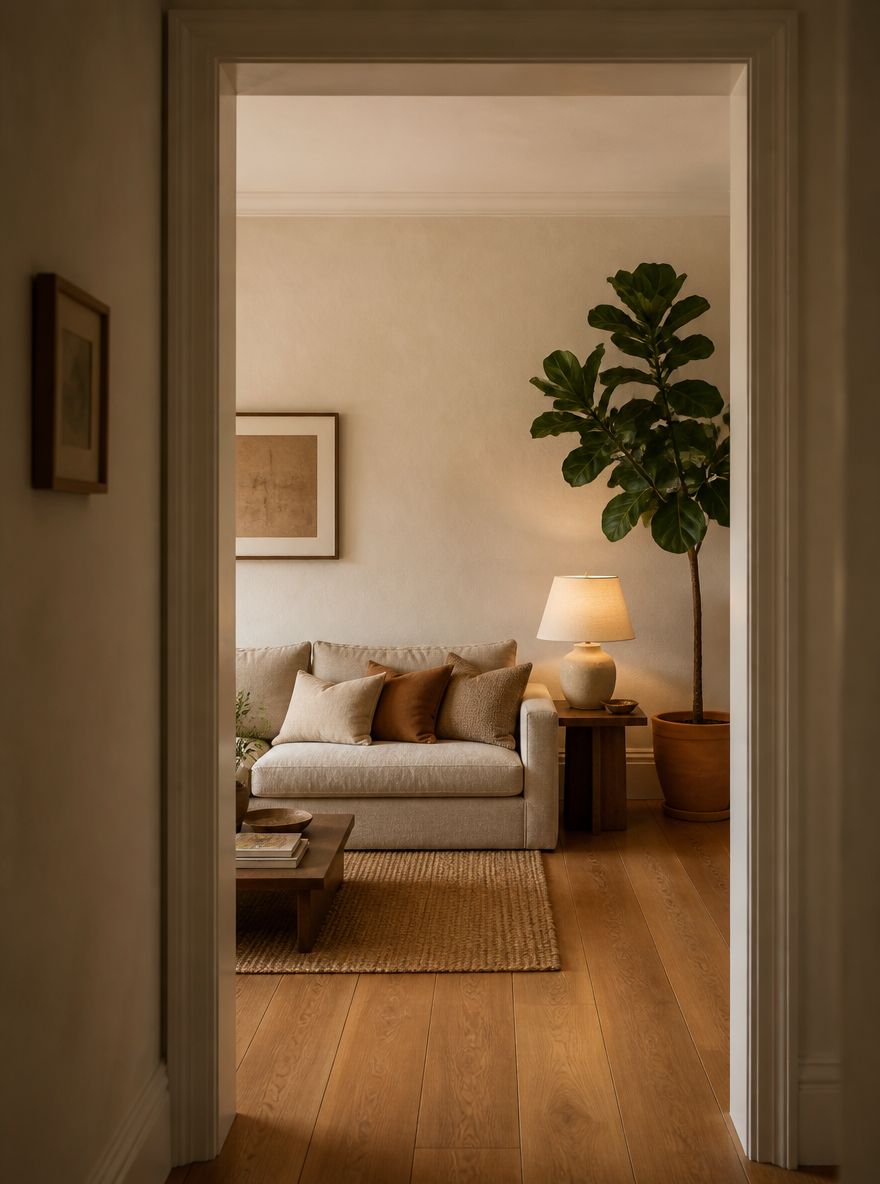Porta che incornicia ficus a foglia grande in stanza beige