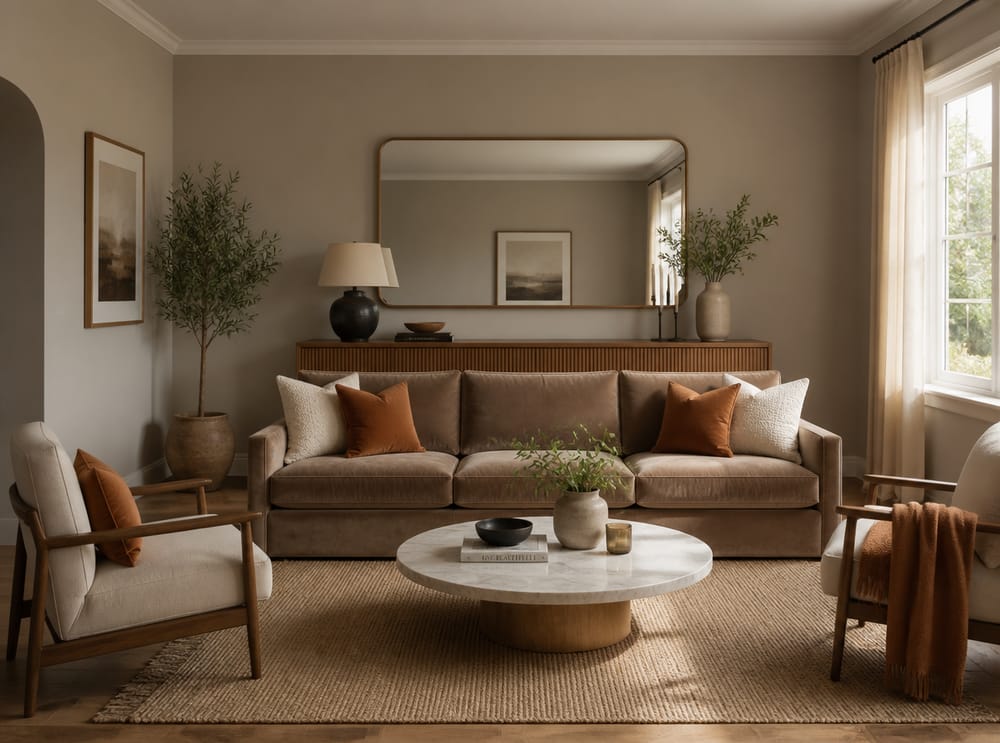 Divano in velluto taupe di fronte a credenza con specchio appoggiato