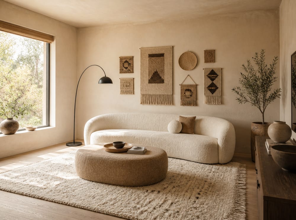 Divano curvo con decorazioni da parete intrecciate sopra