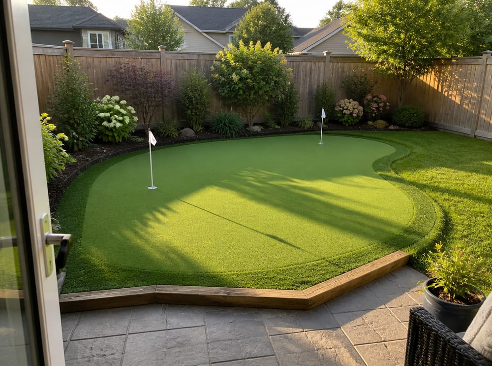 Hoek putting green met houten rand