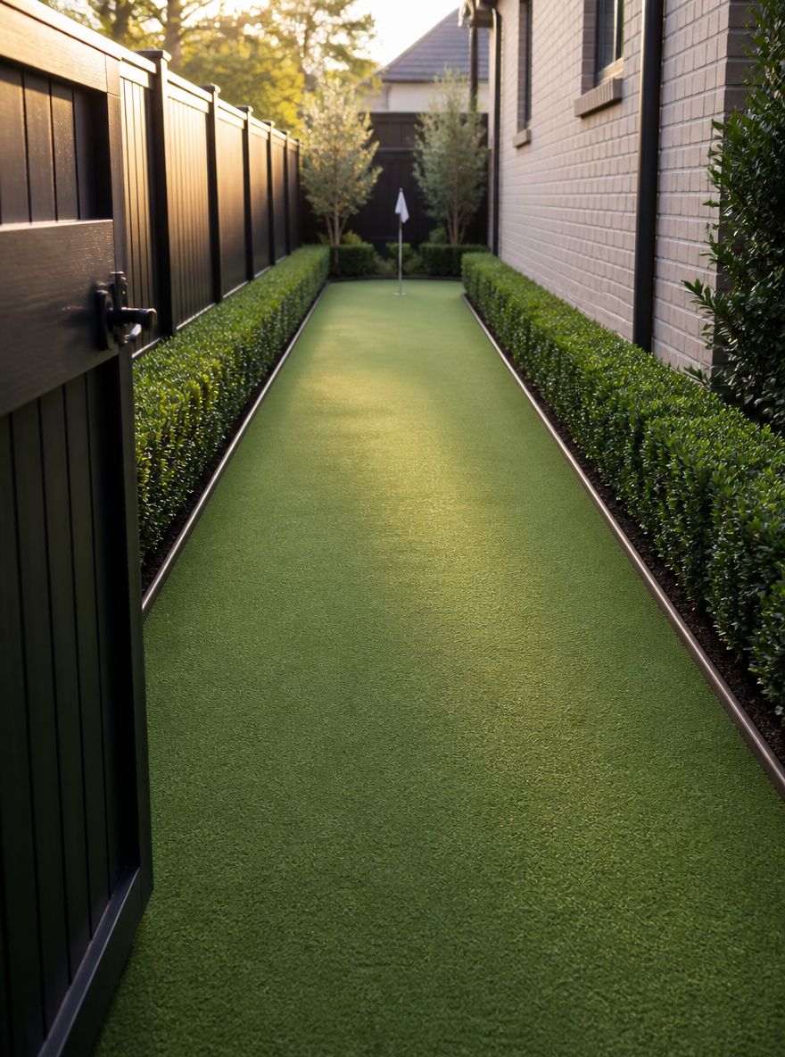 Lange corridor-green tussen parallelle buxusvakken