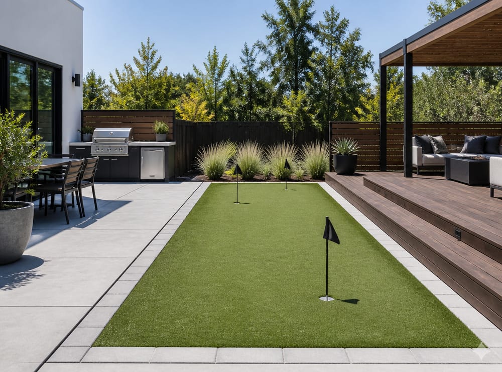 Green tussen het betonnen terras en verhoogd dek
