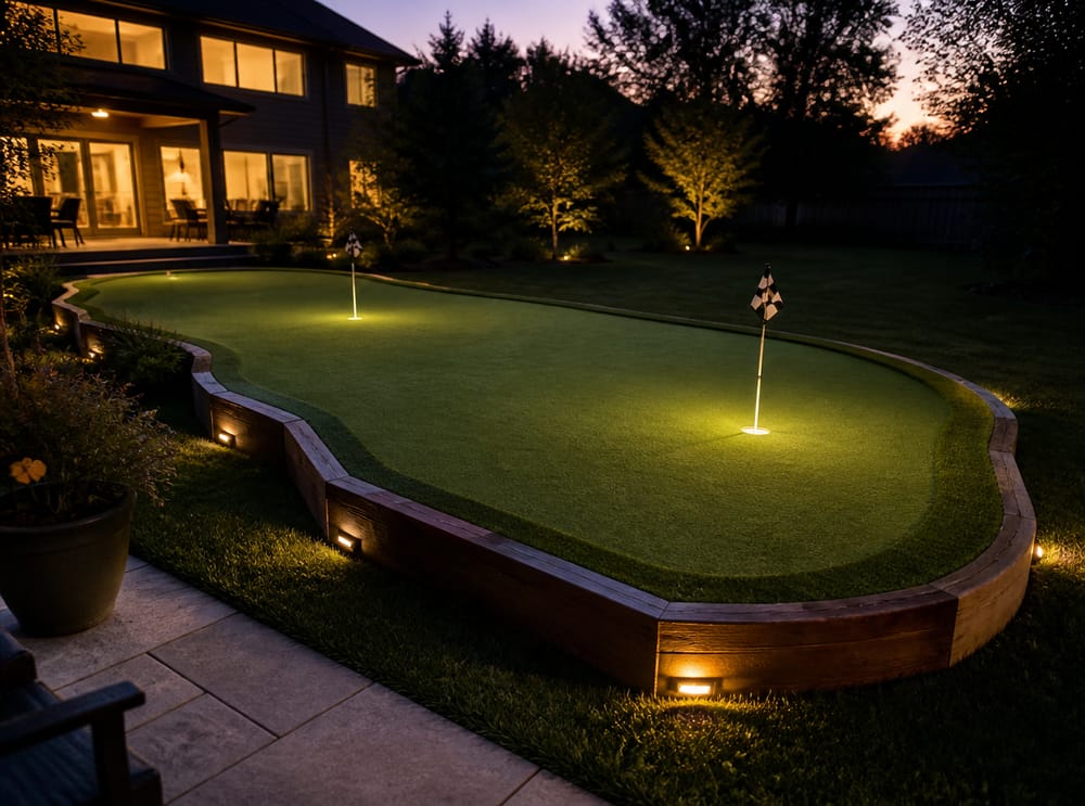 Putting green verlicht met lage randverlichting in de schemer