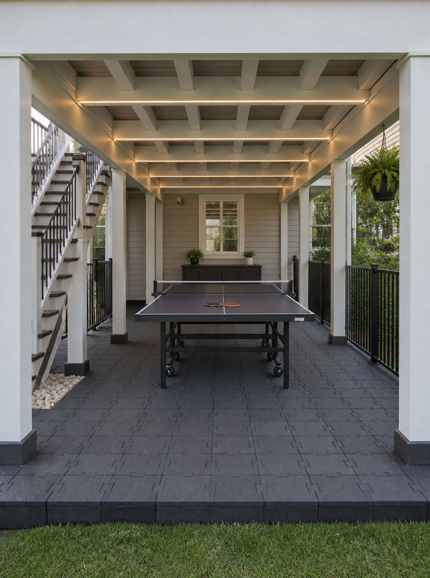 Mesa de ping-pong centrada en el espacio bajo terraza