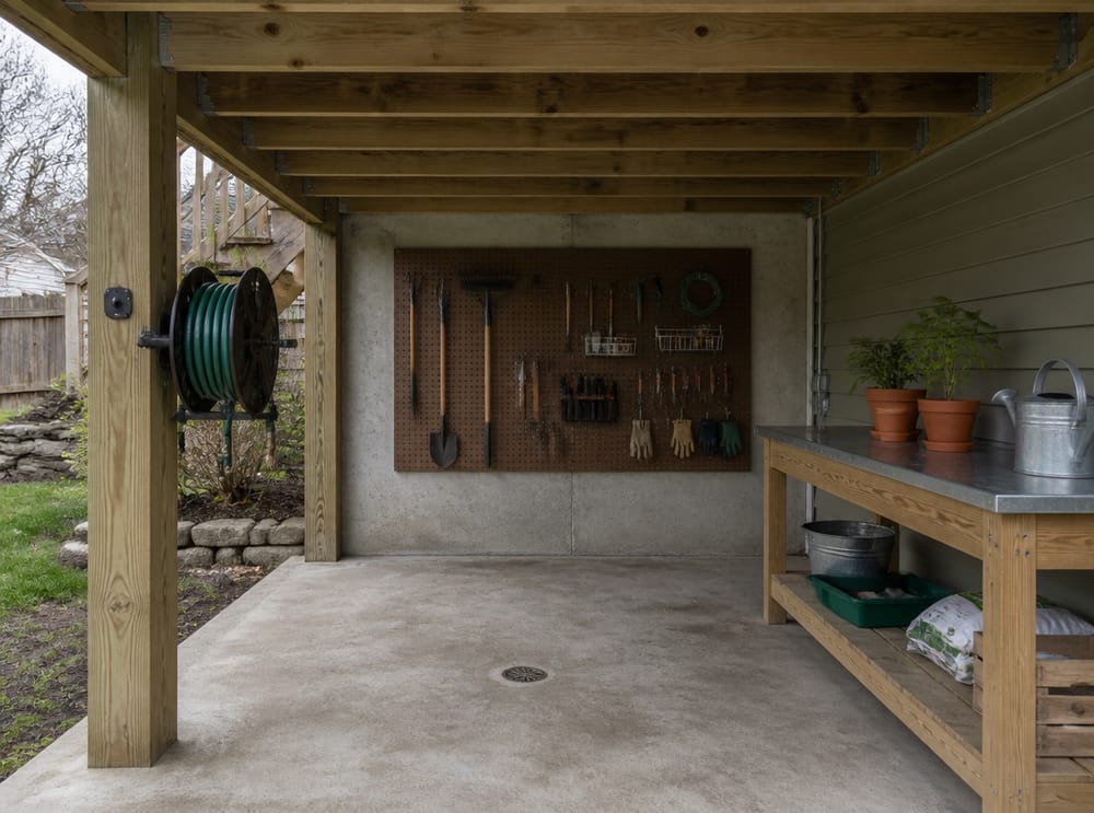 Mesa de trasplante y almacenamiento de herramientas bajo la terraza