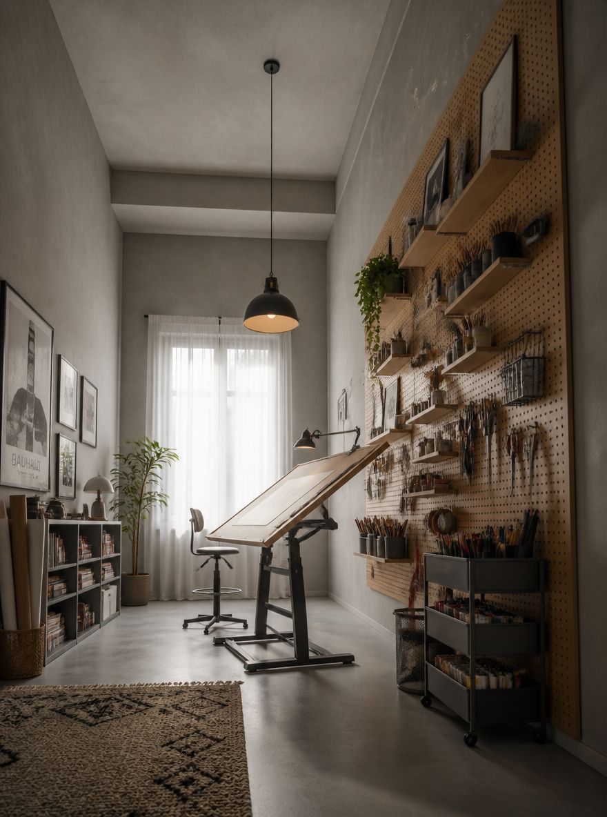 Pegboard-vägg bredvid vinklat ritbord, studiolampa