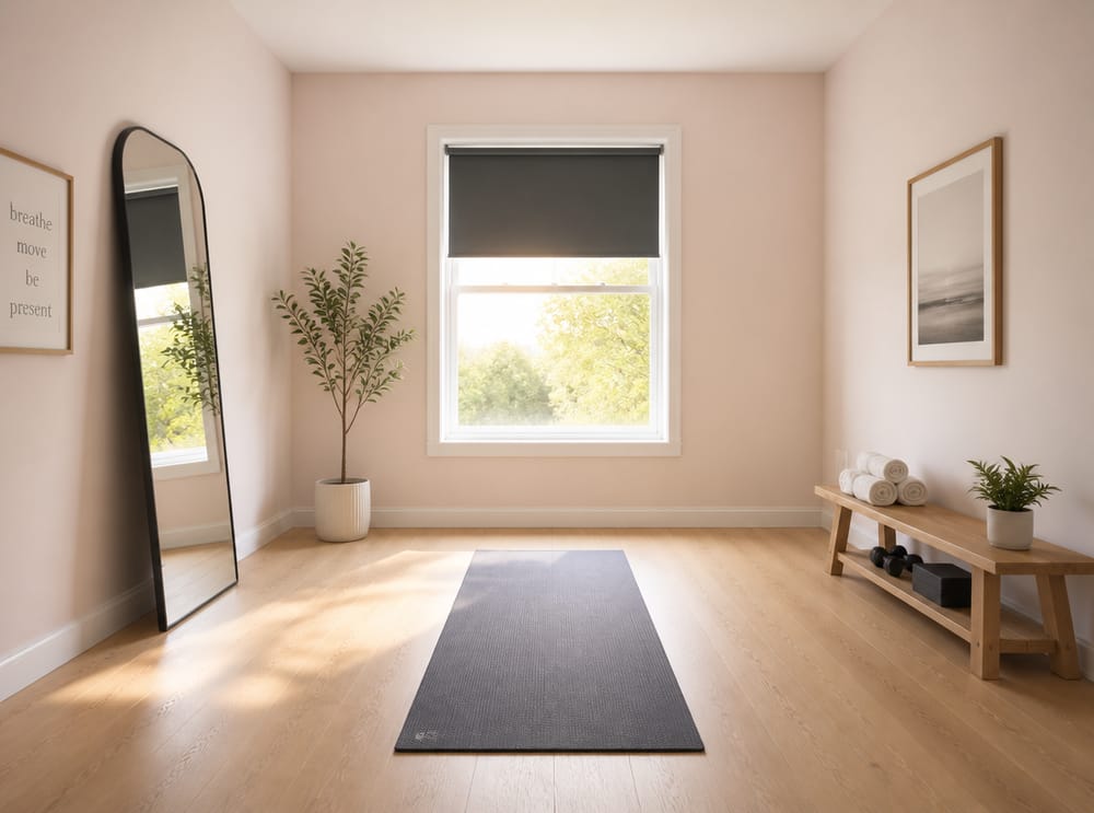 Öppen planlösning, spegel lutad mot vänstra väggen, yogamatta i mitten