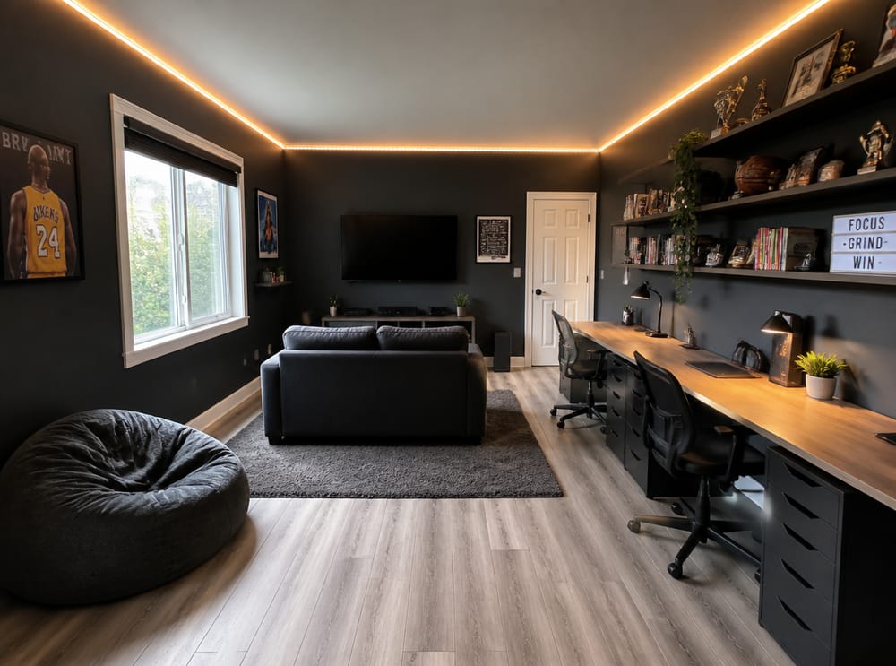 Långt skrivbord längs höger vägg, liten soffa mot väggmonterad skärm