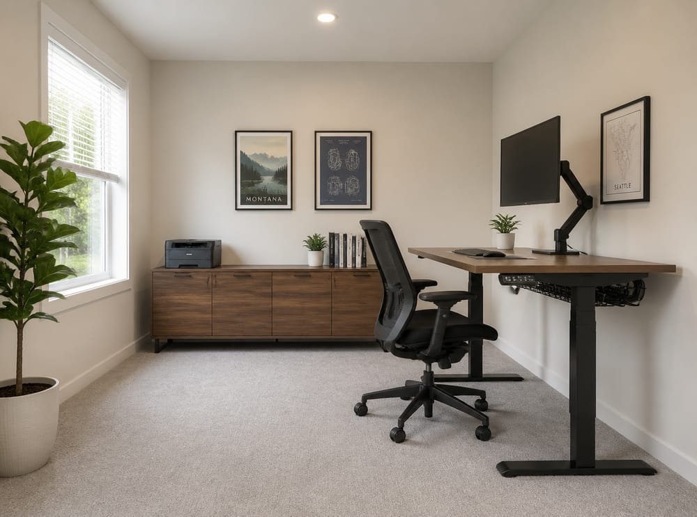 Höj- och sänkbart skrivbord höger vägg, sideboard längs bakre väggen
