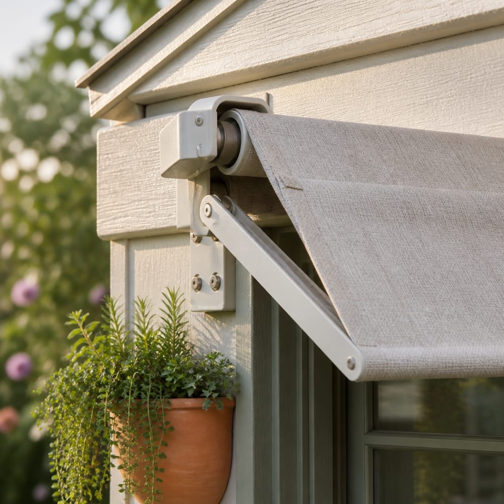 Dettaglio supporto tenda contro cornice in cedro