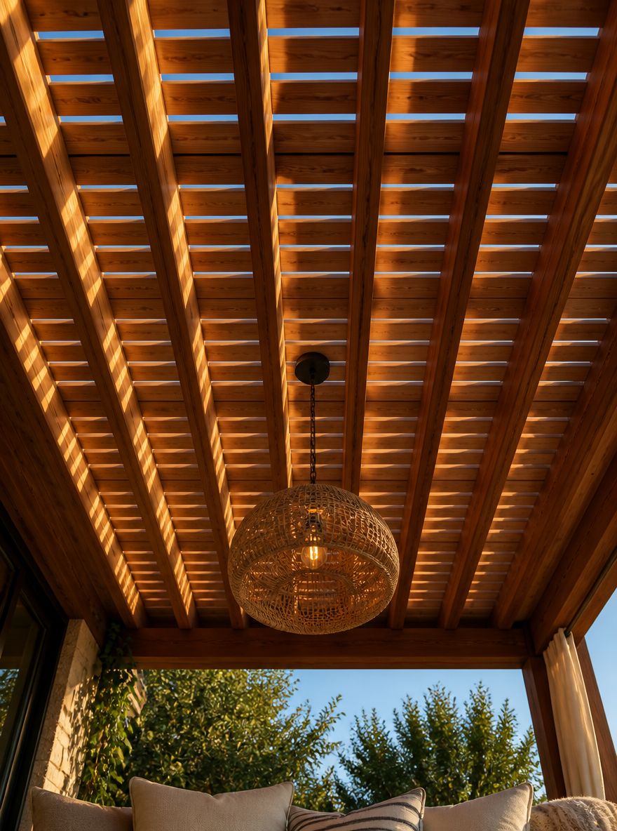 Listelli di pergola in cedro che creano ombre a righe