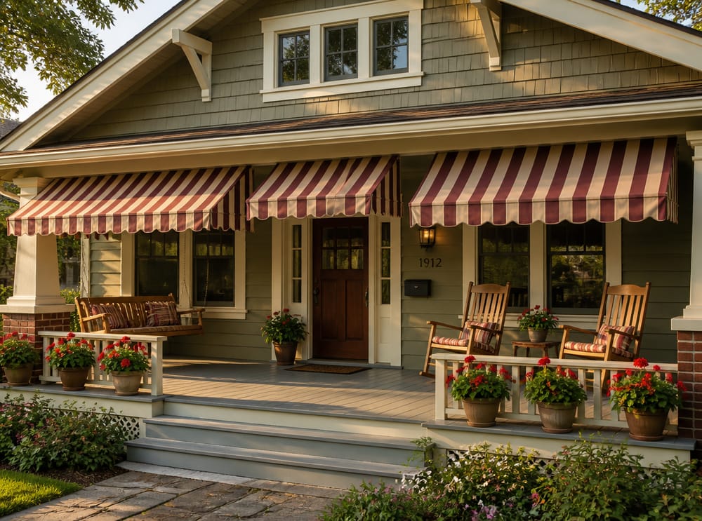 Tende a righe bordeaux su portico in stile bungalow craftsman