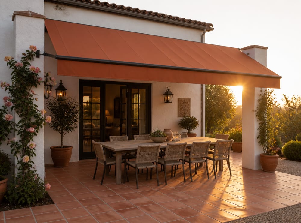 Tenda terracotta tra colonne in stucco su patio mediterraneo