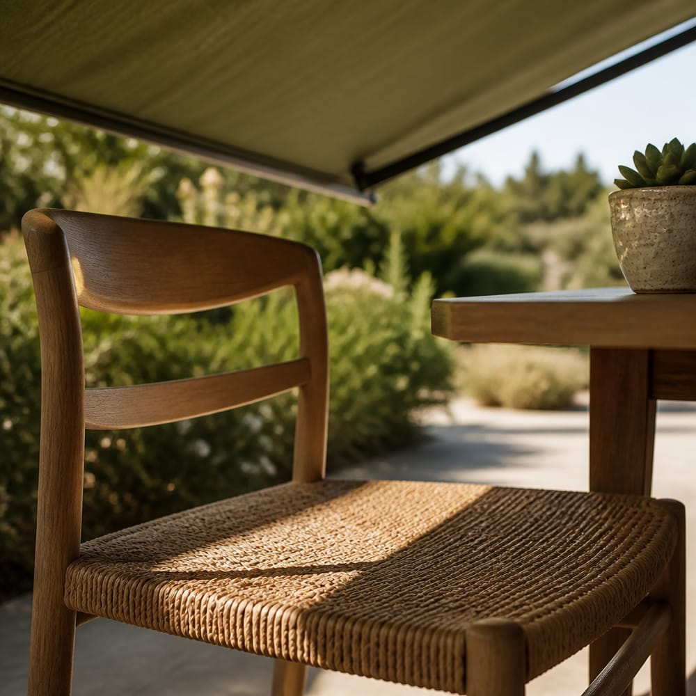 Poltrona in rattan sotto tenda oliva e ombre filtrate